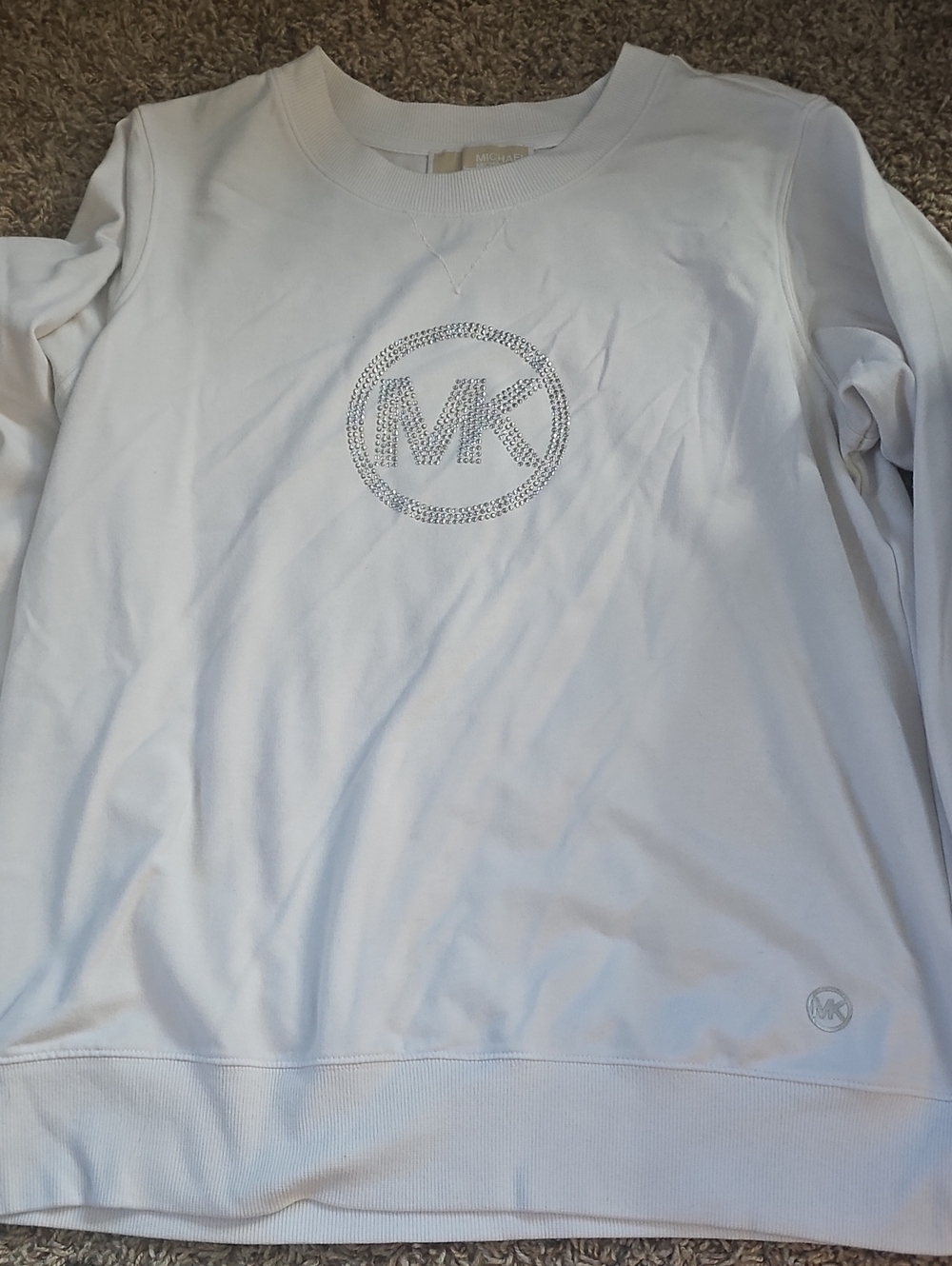 Michael Kors Womens White Crewneck Sweatshirt with Embellished MK Logo
